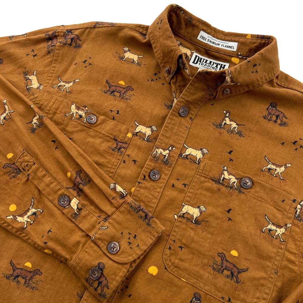 Duluth Free Swingin Flannel Men M Brown Dog Print Sportsman Hunting Outdoors